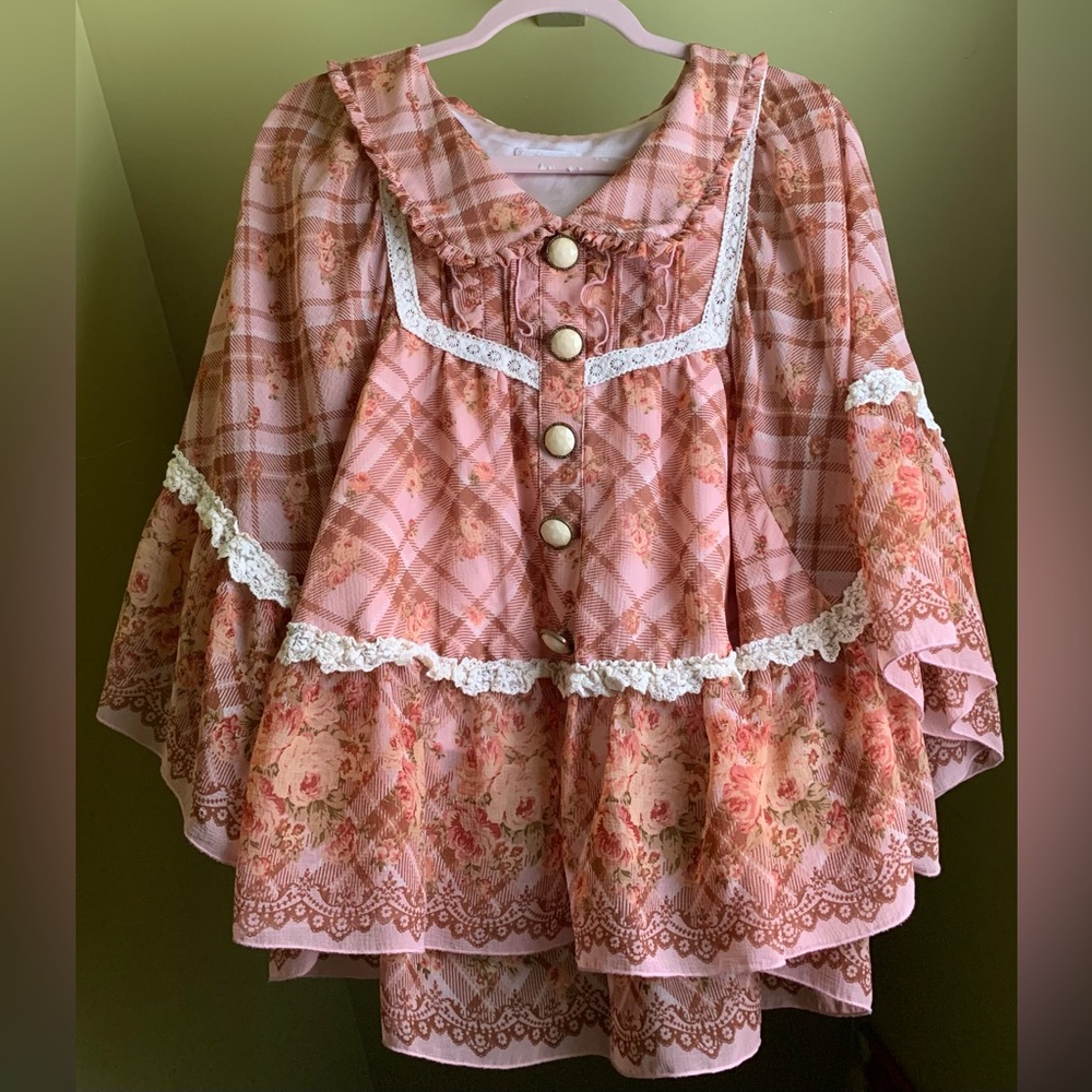 Liz Lisa coral plaid poncho with lace trim